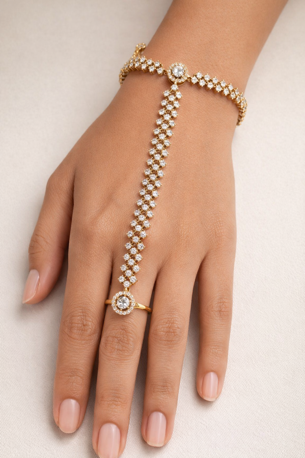 Diamond Look Gold Plated Hand Harness with Ring Bracelet-G351500