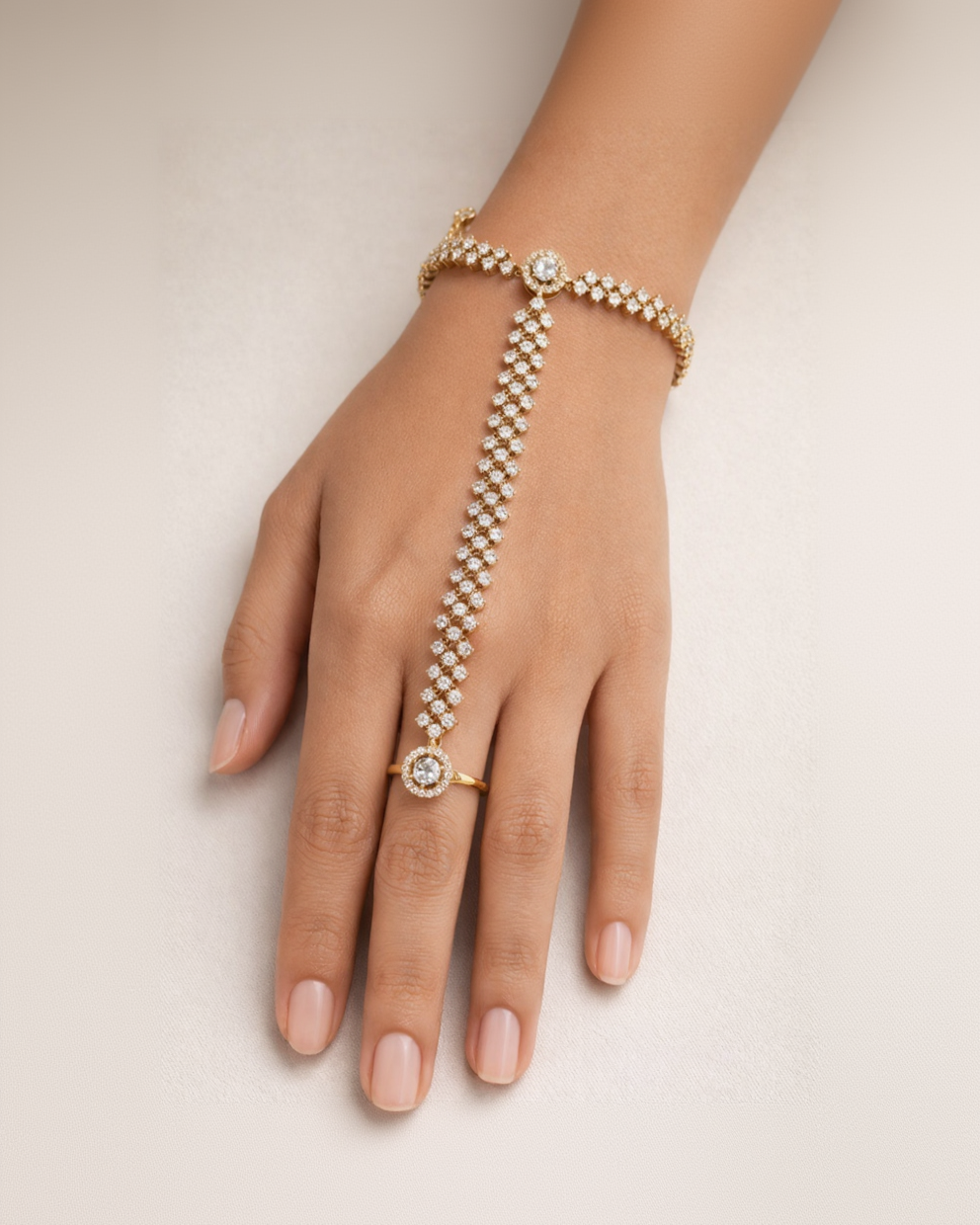 Diamond Look Gold Plated Hand Harness with Ring Bracelet-G351500