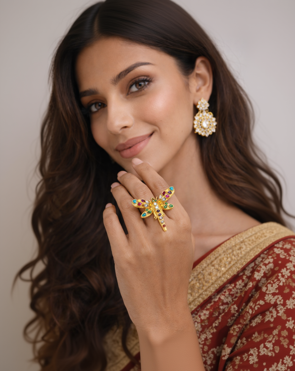 Navratna Vintage Kundan Dragonfly Ring-G352400