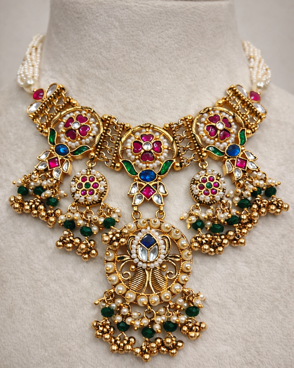 Heirloom Jadau Style Gold-Plated Necklace with Pearls-G356600