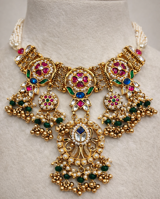 Heirloom Jadau Style Gold-Plated Necklace with Pearls-G356600