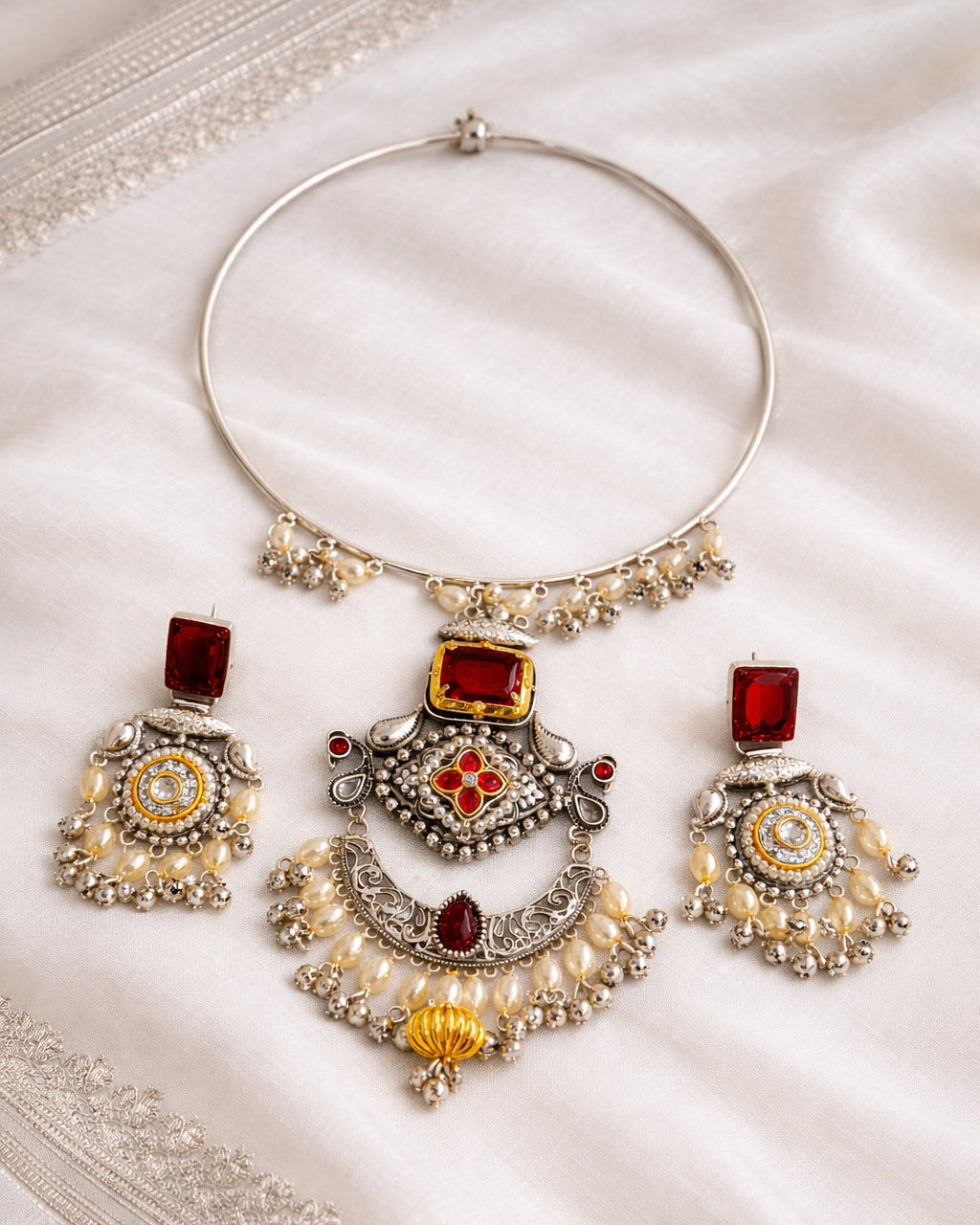 Oxidized Silver Pink Stone and Pearl Choker Hasli Set-G351800