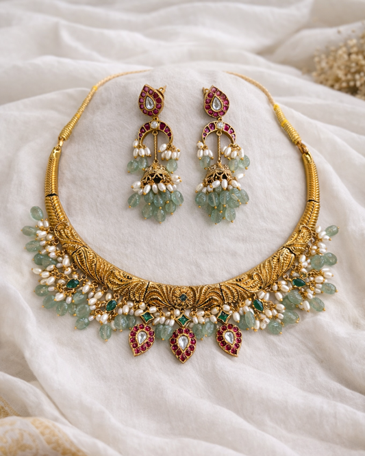 Gold-Finish Kundan & Pearl Hasli Necklace Set-G352500