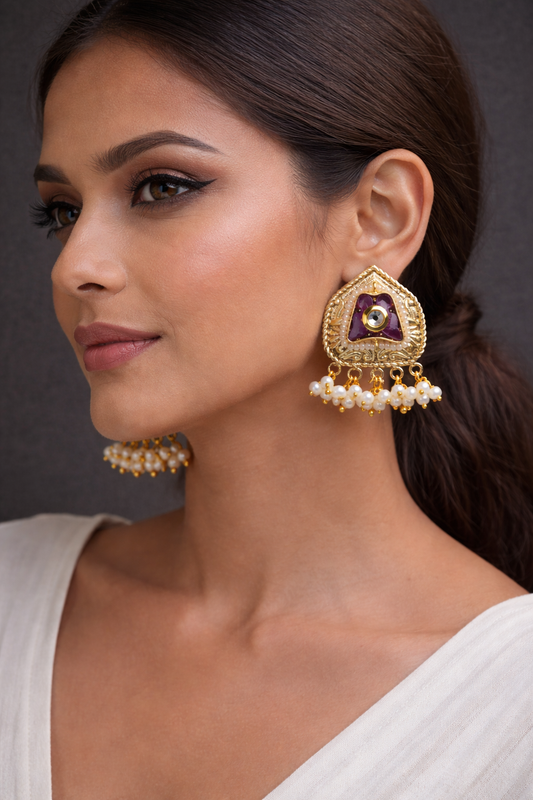 Purple Meenakari and Pearl Drop Gold-Toned Stud Earrings-G35600