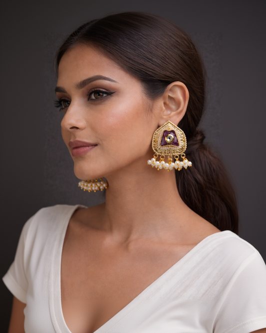 Purple Meenakari and Pearl Drop Gold-Toned Stud Earrings-G35600
