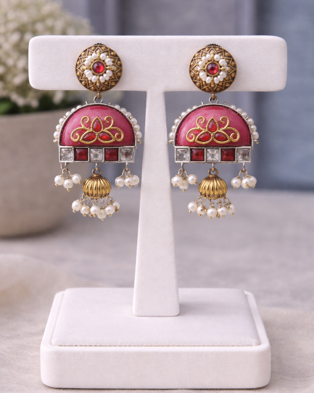 Oxidised Dual-Tone Pink Enamel Jhumka Pendent Set-G351900