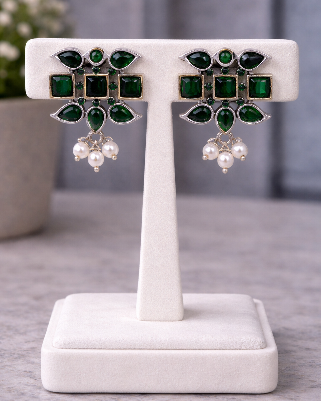 Oxidised Green Kundan & Pearl Choker Necklace Set-G352400