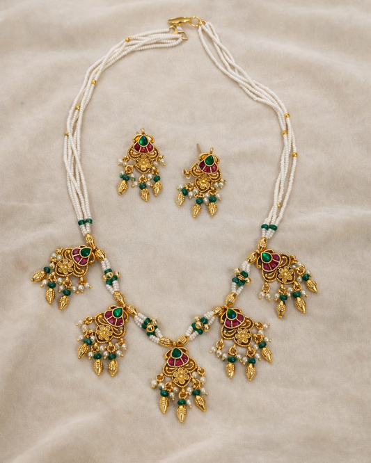 Elegant Gold-Toned Pearl and Kundan Necklace with Earrings-G352300