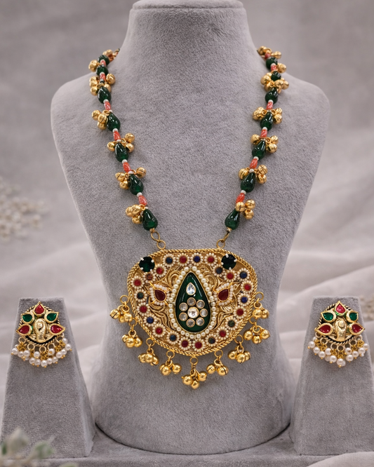 Fusion Green & Gold Kundan Style Necklace Set-G353300