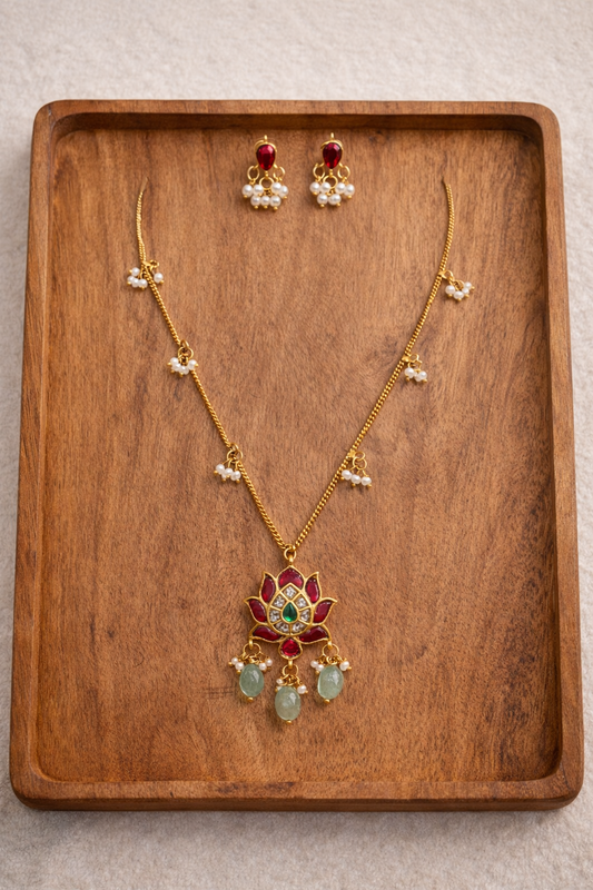 Thin Layer Lotus Necklace with Pearl Drops
