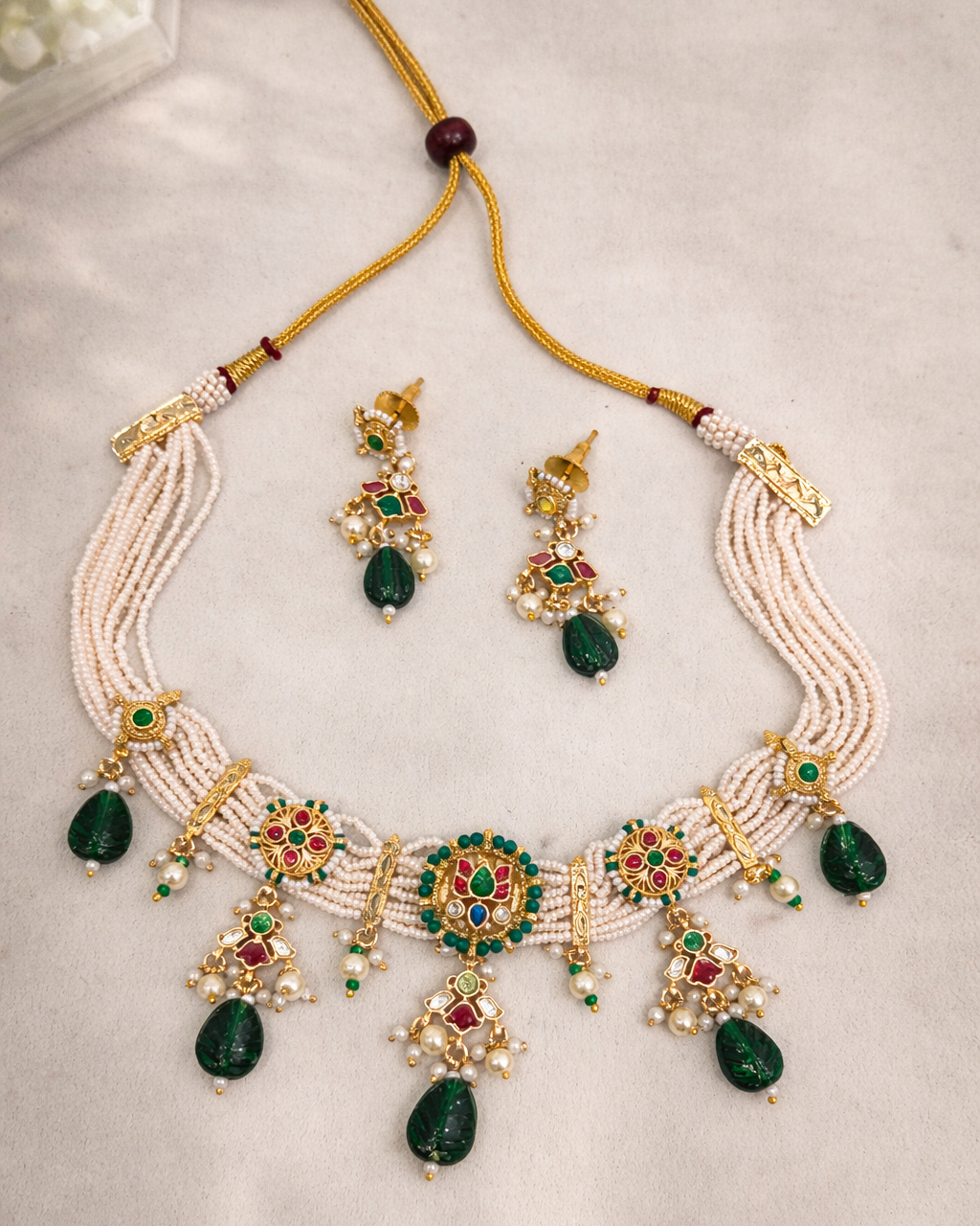 Green/Maroon & Ivory Kundan Polki Choker Necklace-G353300