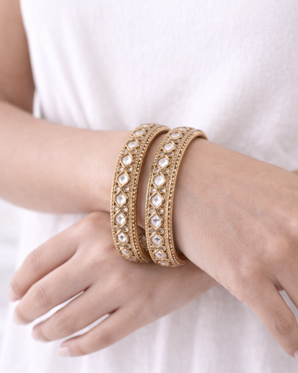 Gold-Plated Kundan Polki Bangle Set-G354000