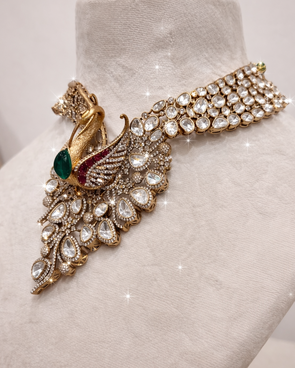 Peacock motif Grand Mossaintite polki set-G3512800