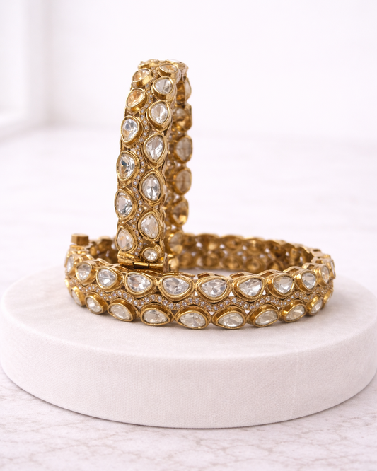 Mossonite Gold-Plated Kundan Polki Bangle(Set of 2)-G356300