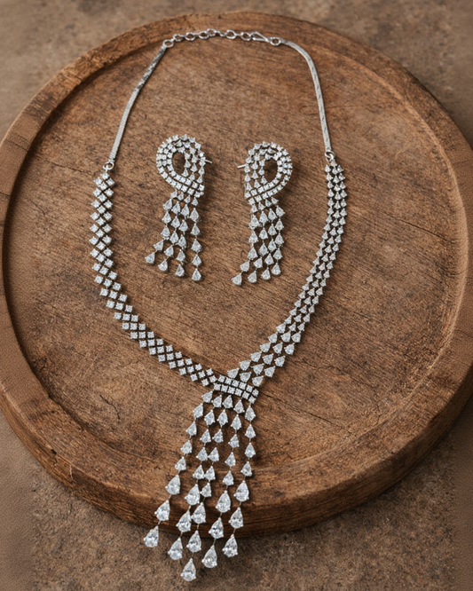 Dazzling American Diamond Tassel Necklace Set-G353300