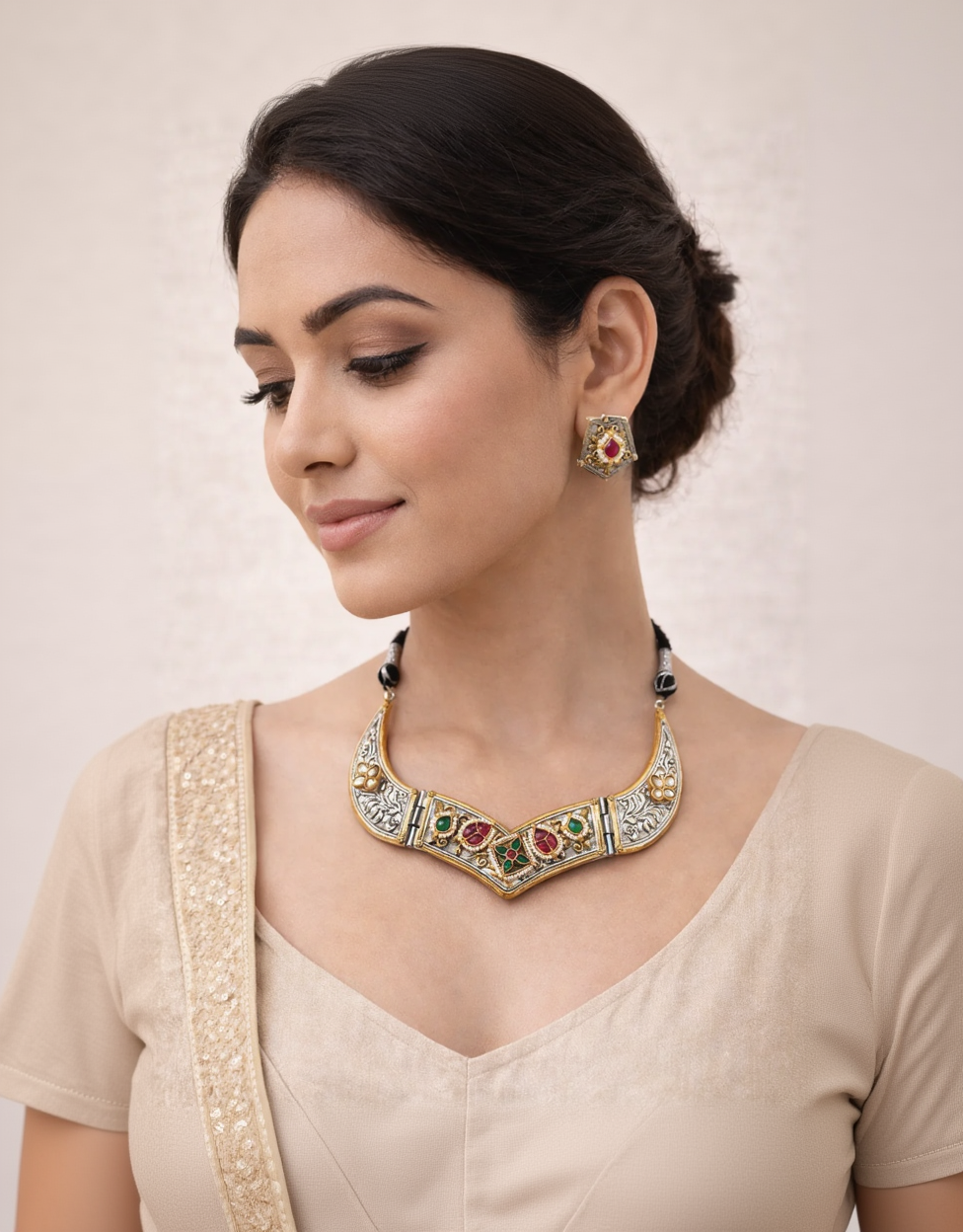 Oxidized Silver & Kundan & Pearl Studded Choker Necklace Set-G352400