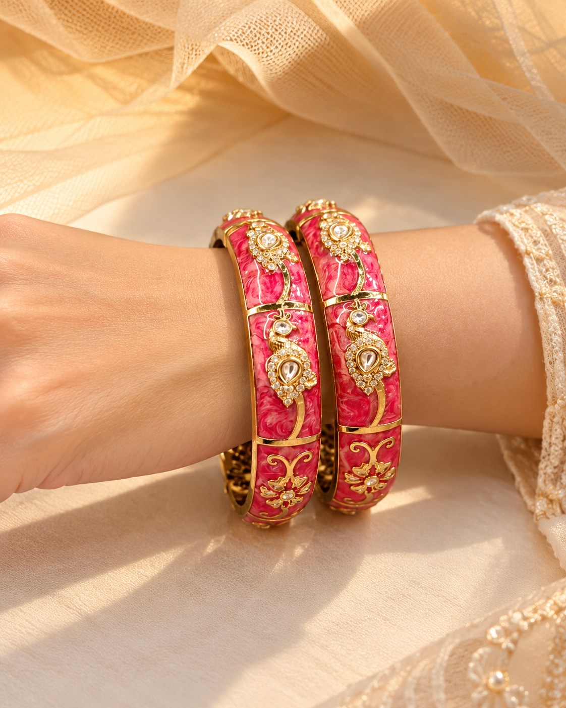 Aura Pink Enamel Statement Bangles(Set of 2)-BGL2295