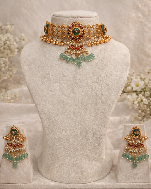 Ruby & Pearl Meena Work Choker Necklace Set-G3511800
