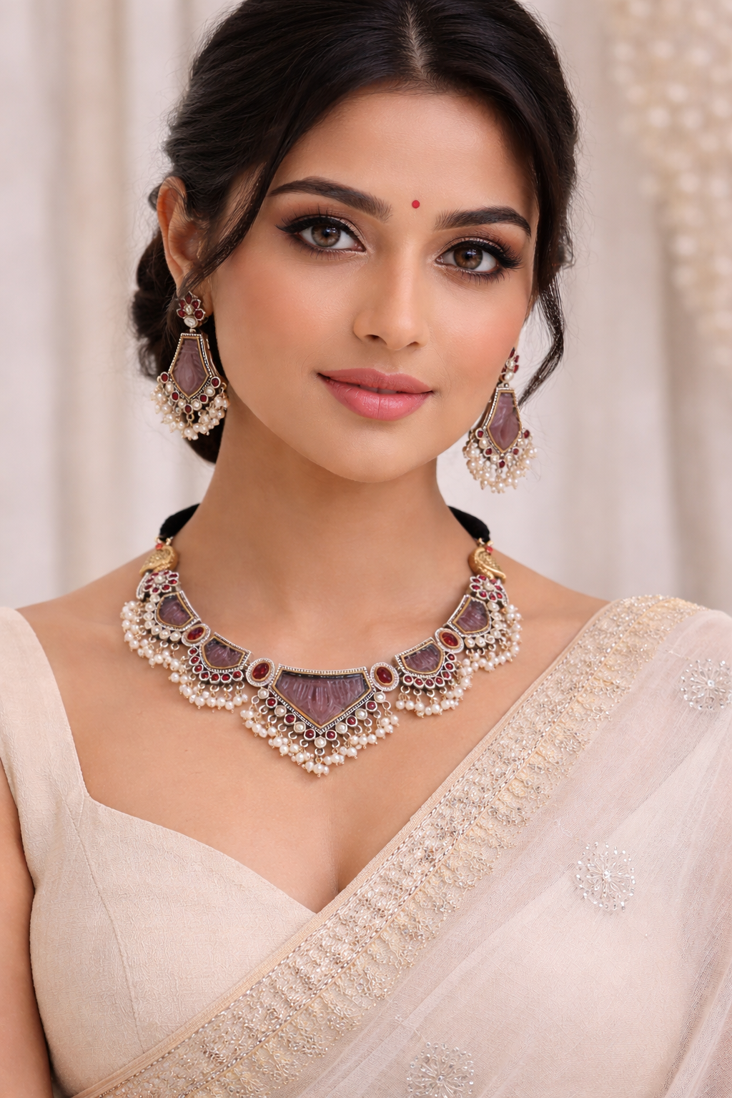 Oxidised Silver Amethyst & Pearl Silver Necklace Set-G352500
