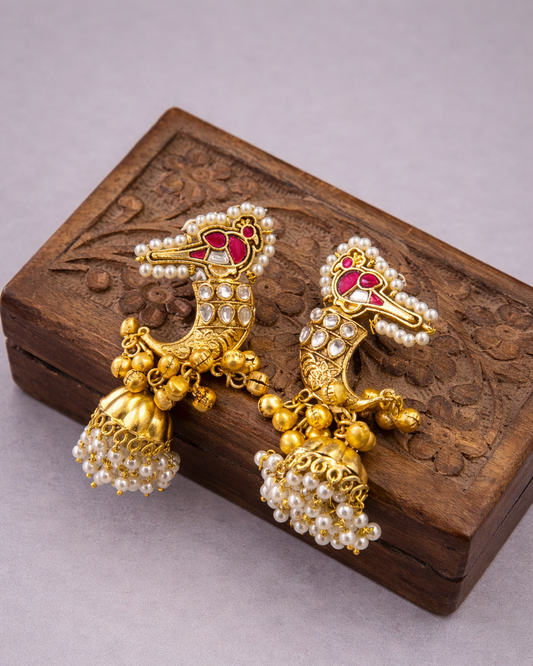 Fusion Kundan & Pearl Peacock Jhumka Earrings-G351000