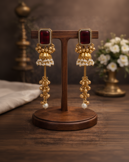 Regal Red Kundan Jhumka Earrings with Pearl Drops Earings-G351500