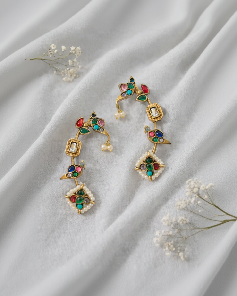 Kundan & Ruby Red Polki Earings Ear Cuffs-G35300