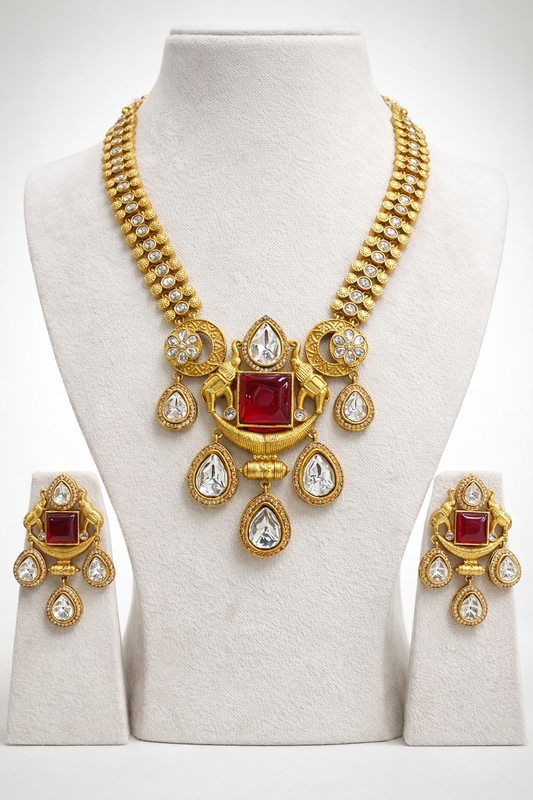 Ruby & Kundan Polki Antique Gold Plated Necklace Set-G752600