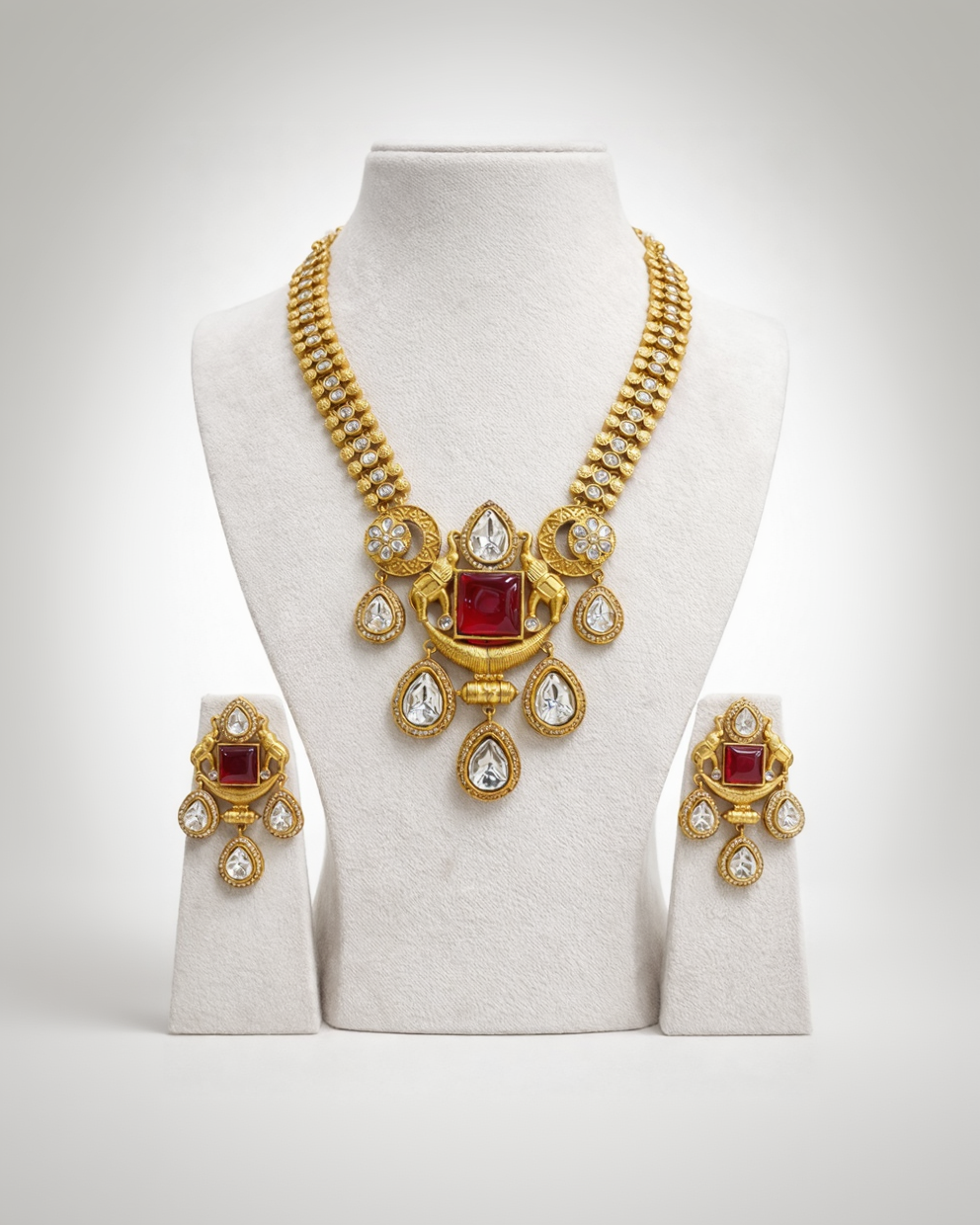Ruby & Kundan Polki Antique Gold Plated Necklace Set-G752600