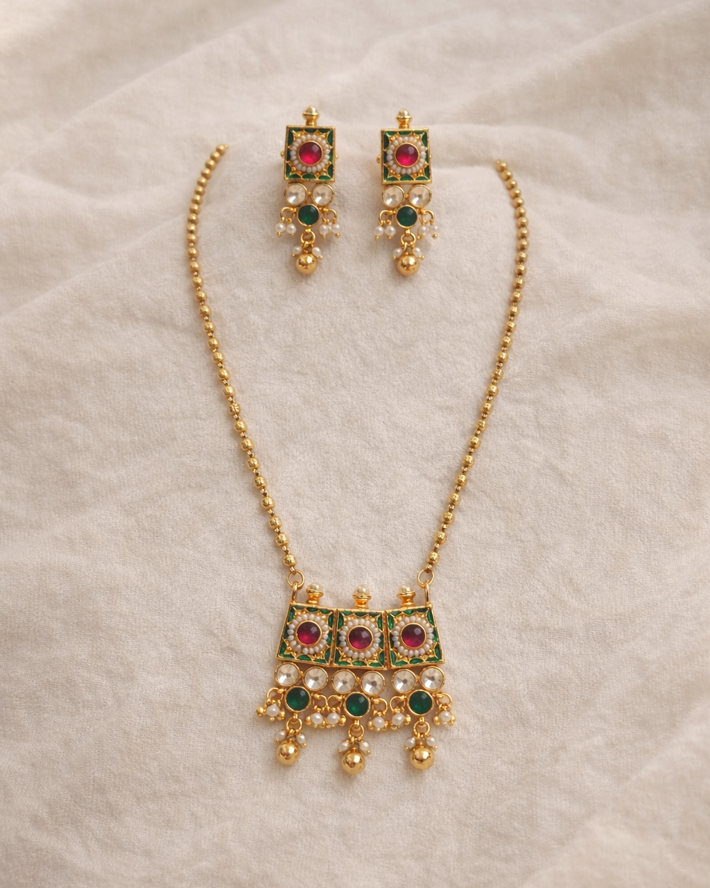 Elegant Green & Red Stone Ethnic Pendant Set-G352300