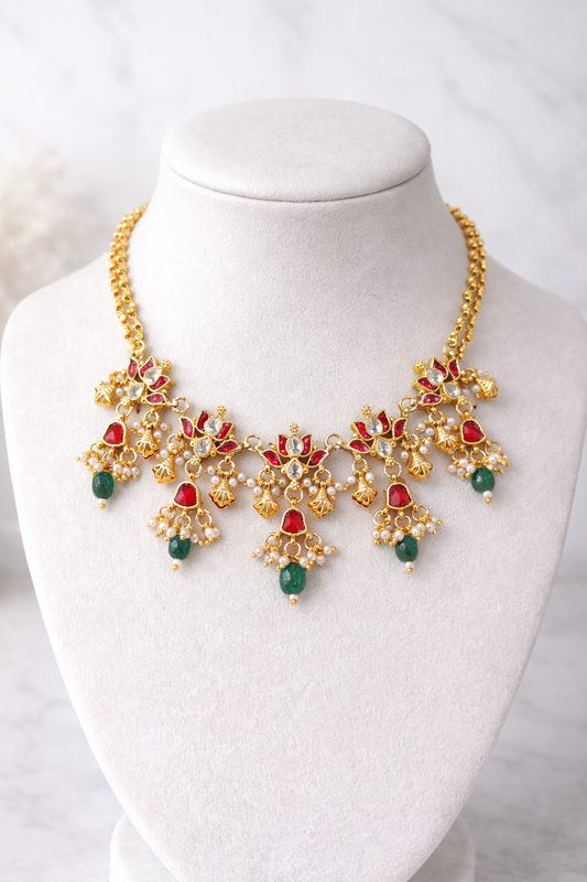 Gold-Plated Jadau Kundan Lotus Necklace Set-G353300