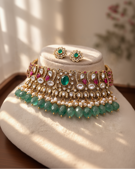Regal Emerald & Ruby Polki Choker Necklace Set-G353500