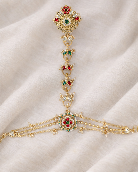 Gold Plated Heritage Hath Pocha with Pearl & Stone-G352100