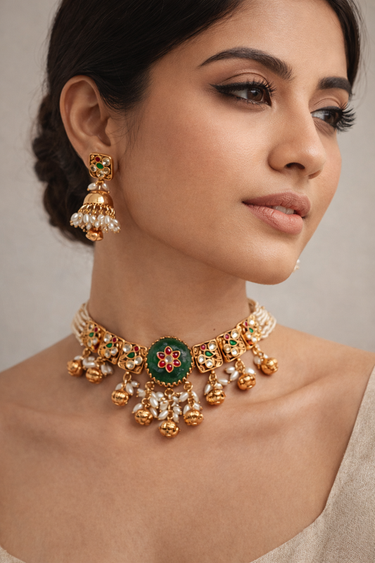 Classic Jadau Kundan Polki Necklace Set with Pearls & Green Onyx