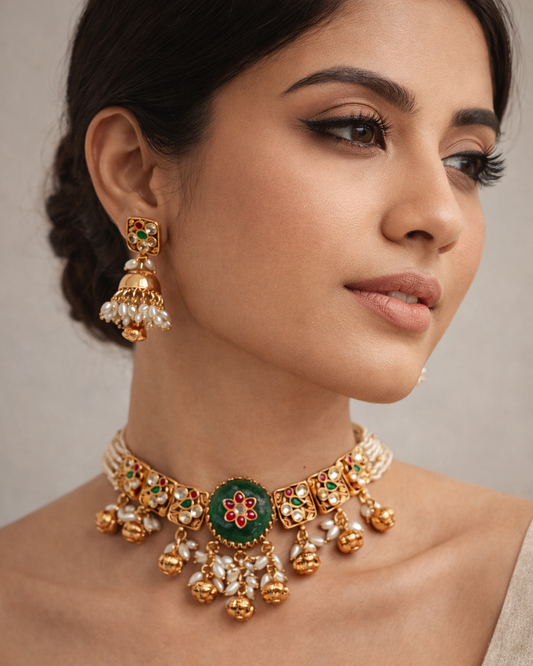 Classic Jadau Kundan Polki Necklace Set with Pearls & Green Onyx-G355800