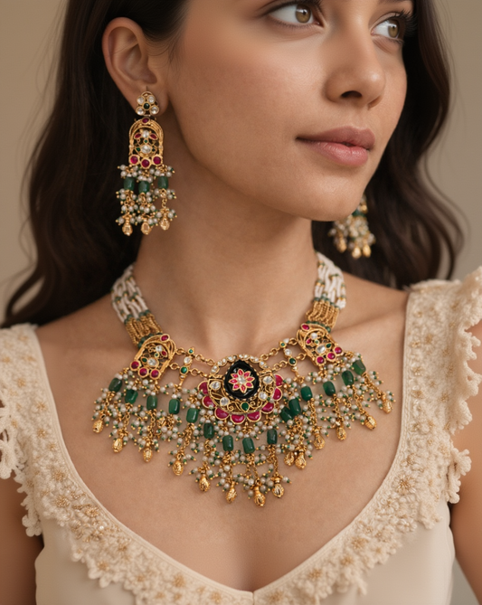 Exquisite Pachi Kundan Pearl & Green Bead Bridal Necklace Set with Earrings-G356800