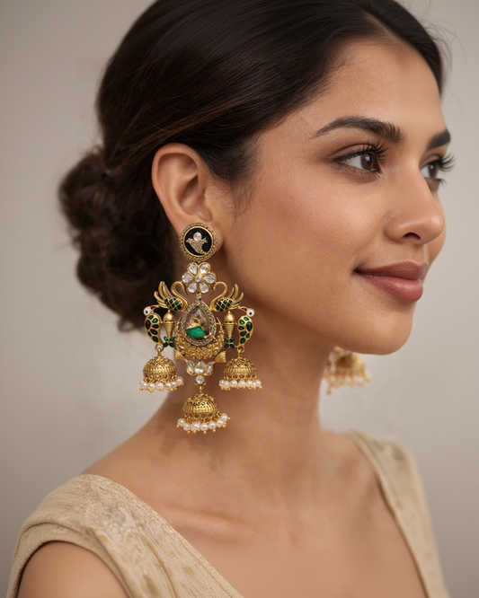 Exquisite Gold-Tone Peacock Jhumka Earrings with Polki and Green Enam-G351700