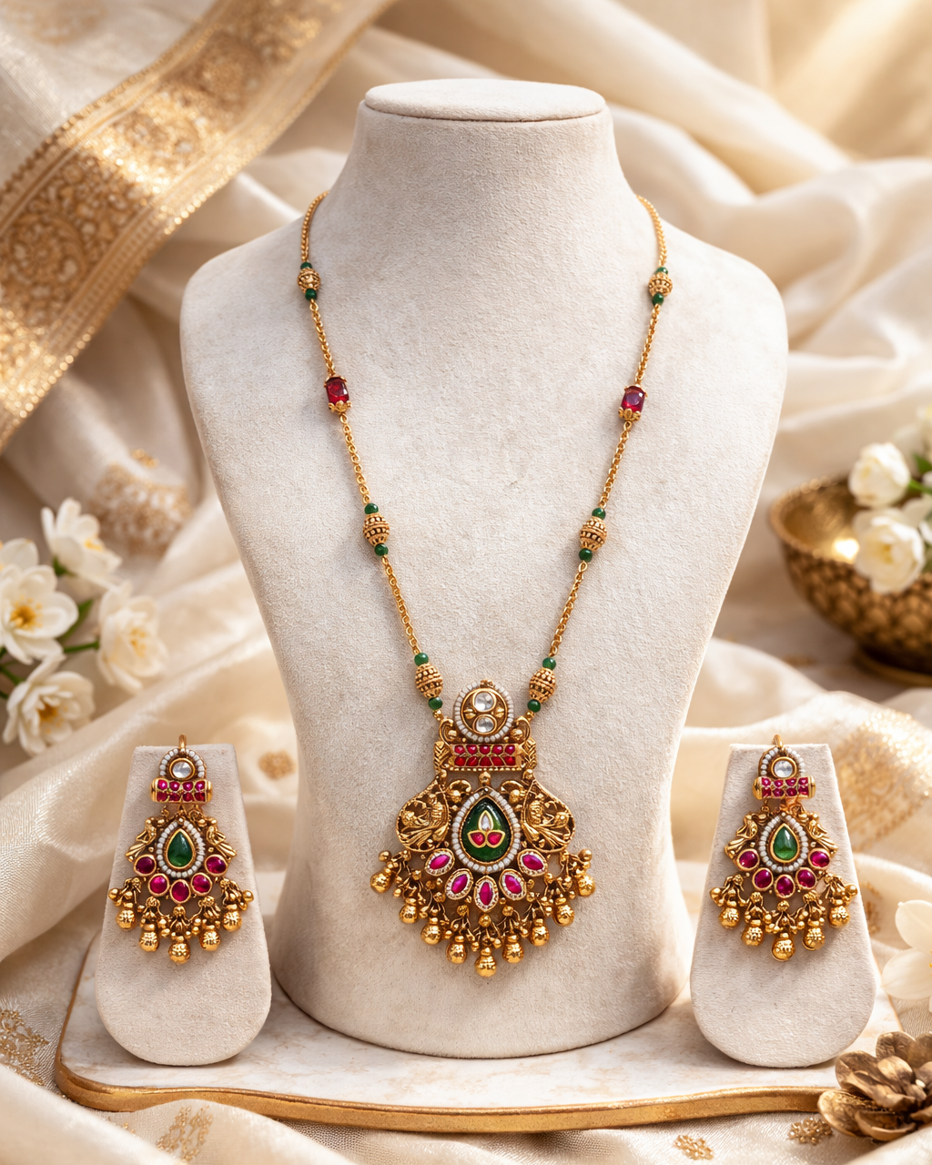 Heritage Kundan Style Long Pendant Set with Matching Earrings-G352700