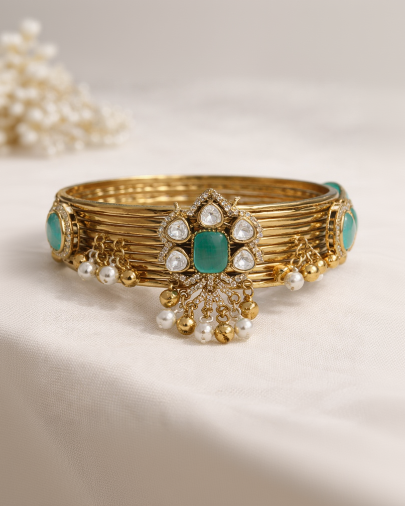 Emerald & Diamond Kundan Pearl Drop Bangle Bracelet-G351900