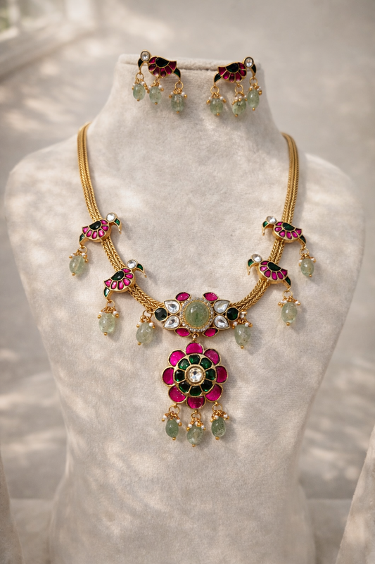 Jadau Kundan Peacock Motif Necklace Set with Pearl & Emerald Beads Earings