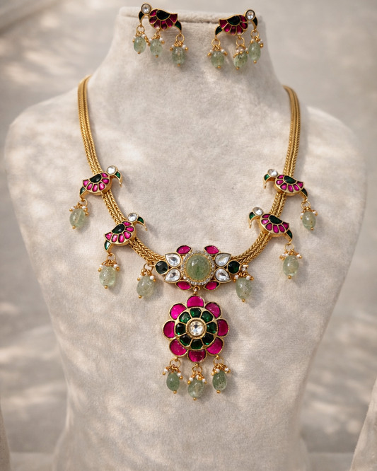 Jadau Kundan Peacock Motif Necklace Set with Pearl & Emerald Beads Earings-G353400