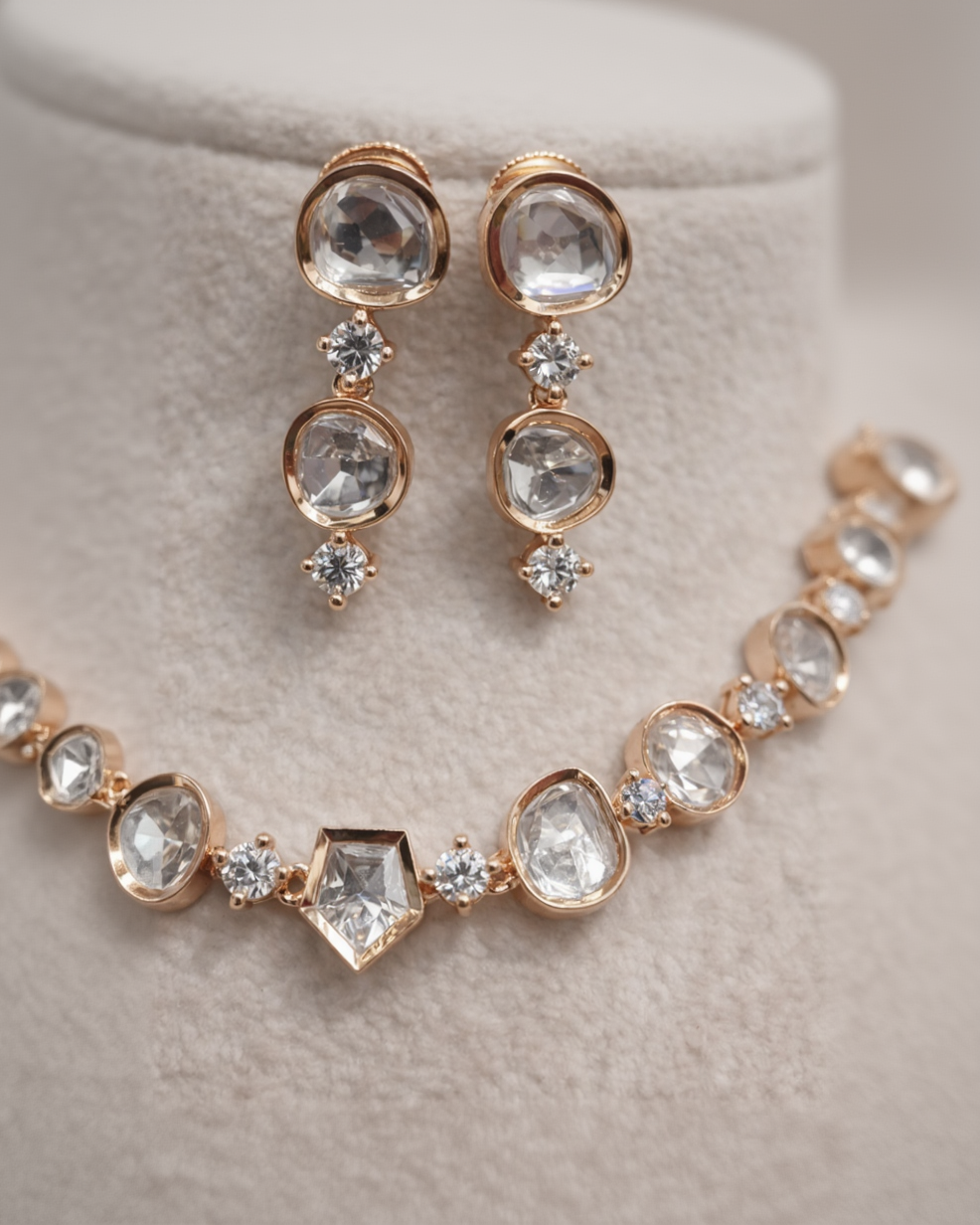 Rose Gold Polki Kundan Necklace Set-G352100