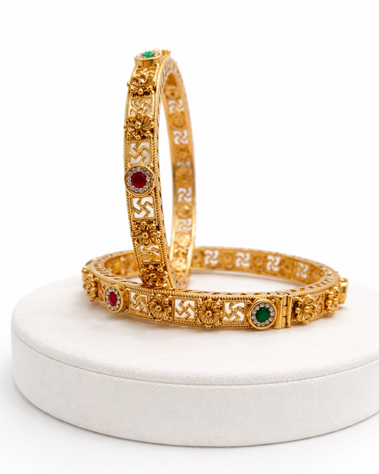 Handcrafted Floral Design Kemp Stone Bangles(Set of 2)-G351800