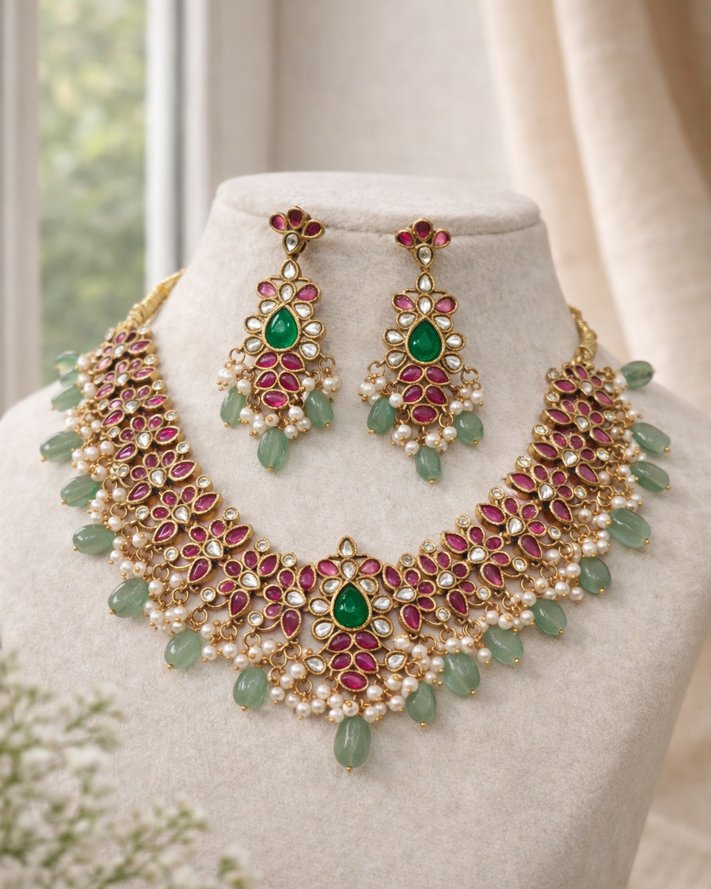 Jadau Floral Kundan Necklace & Earring Set-G353700