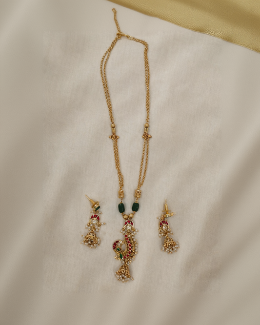 Antique Peacock Pendant in Green Beads Chain with Matching Jhumka Earrings-G352600