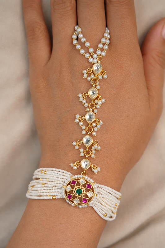 Pearl & Kundan Haath Phool Bracelet Ring Hand Harness-G351800