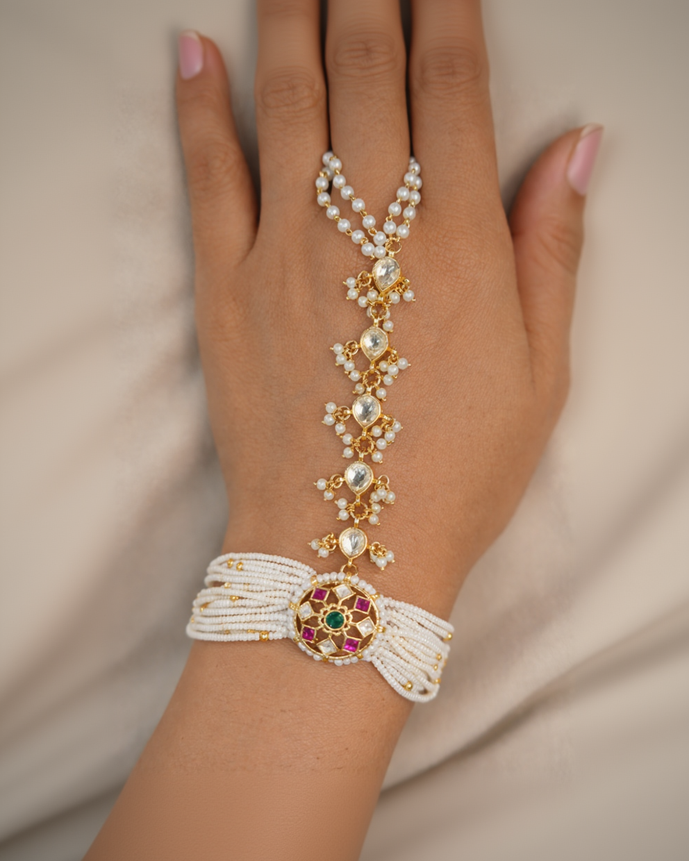 Pearl & Kundan Haath Phool Bracelet Ring Hand Harness-G351800