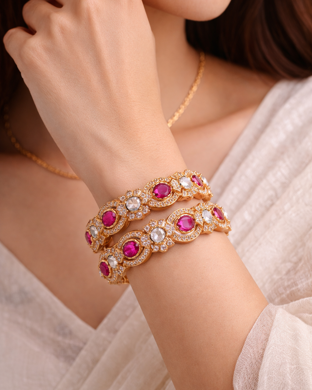 Ruby Stone & CZ Diamond Bangles(Set of 2)-G353700