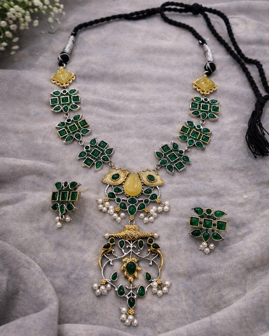 Oxidised Green Kundan & Pearl Choker Necklace Set-G352400