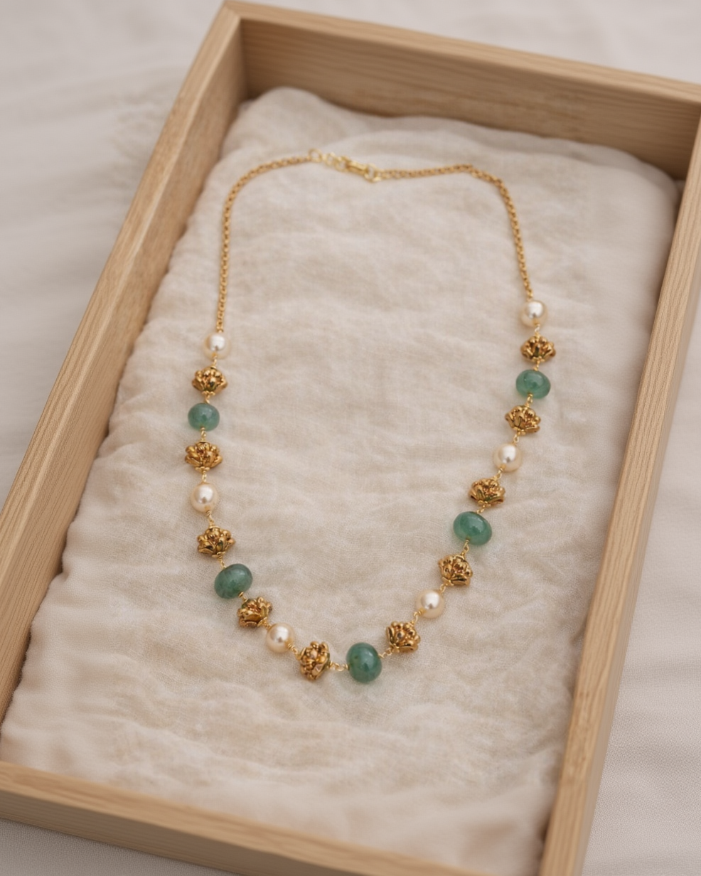 Mint Green Pumpkin Bead & Pearl Traditional Mala-G351500