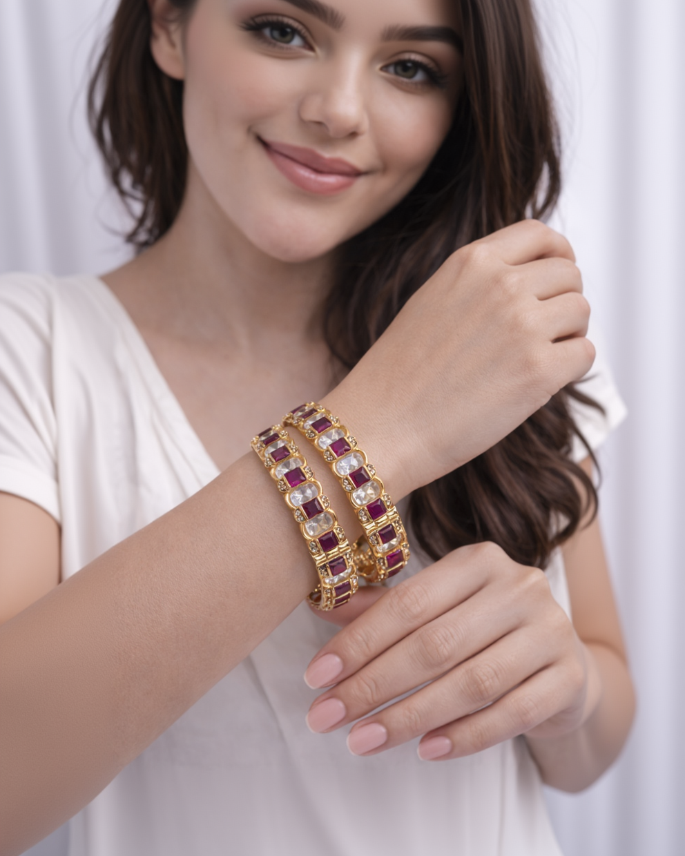 Ruby & Clear Stone Gold-Plated Bangle Set(Set of 2)-G354100